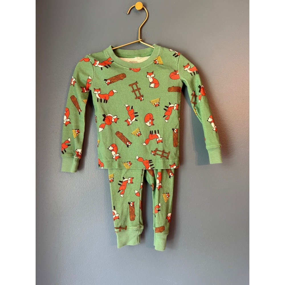LL Bean Toddlers 2T Organic Cotton Fox Print Pajama Set Green